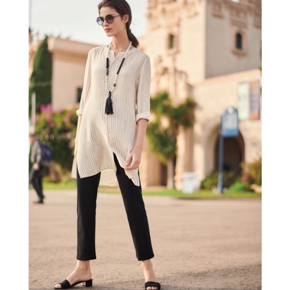 Eileen Fisher Painterly Striped Silk Long Sleeve Shirt/Tunic Top